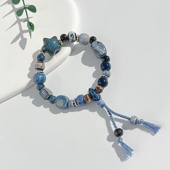 Star Handmade Porcelain & Cotton Cord Beaded Charm Bracelets, Stretch Bracelets for Women, with Tassels, Steel Blue, 6-1/2 inch(16.5cm)