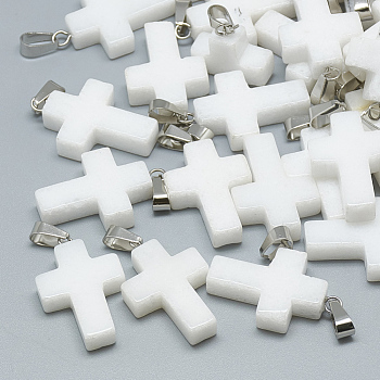 Natural White Jade Pendants, with Stainless Steel Snap On Bails, Cross, 29~30x18~19x5~6mm, Hole: 6x4mm