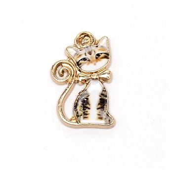 Alloy Enamel Pendants, Light Gold, Cat with Bowknot, White, 21x13x2.3mm, Hole: 2.3mm