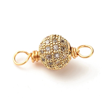 Brass Cubic Zirconia Links Connectors, with Real 18K Gold Plated Eco-Friendly Copper Wire, Round, Clear, 20x9mm, Hole: 3mm