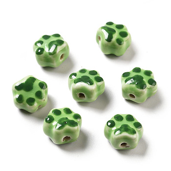 Handmade Printed Porcelain Beads, Paw Prints, Lime, 13.5x15x9.5mm, Hole: 1.8mm