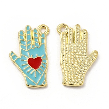 Alloy Enamel Pendants, Hand with Heart Pattern, Platinum, Golden, Dark Turquoise, 21.5x14x1.5mm, Hole: 1.6mm