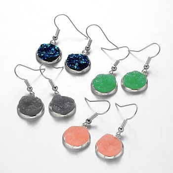 Silver Color Plated Flat Round Brass Druzy Resin Dangle Earrings, Mixed Color, 34mm, Pin: 0.7mm