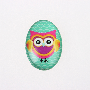 Cartoon Owl Printed Glass Oval Cabochons, Medium Aquamarine, 30x20x6mm