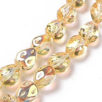 Transparent Electroplate Glass Beads Strands, Rainbow Plated, Teardrop, Gold, 11x9x6.6mm, Hole: 1.1mm, about 55pcs/strand, 24.25 inch(61.6cm)