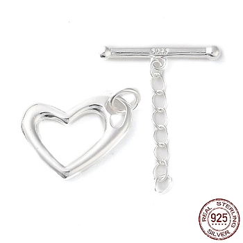 925 Sterling Silver Toggle Clasps with Chain, Long-Lasting Plated, Heart with 925 Stamp, Silver, Heart: 17x12.5x2mm, T: 4x19x2.5mm