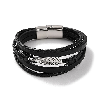 Men's Braided Black PU Leather Cord Multi-Strand Bracelets, Feather 304 Stainless Steel Link Bracelets with Magnetic Clasps, Stainless Steel Color, 8-5/8 inch(22cm)