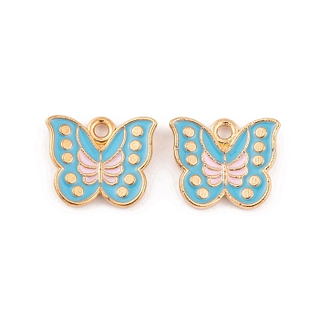 Light Gold Plated Alloy Enamel Pendants, Cadmium Free & Lead Free, Butterfly Charm, Dark Turquoise, 13x15x2.5mm, Hole: 2mm