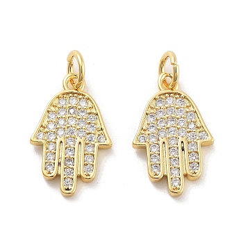 Rack Plating Brass Micro Pave Clear Cubic Zirconia Pendants, with Jump Ring, Cadmium Free & Lead Free, Long-Lasting Plated, Hamsa Hand, Real 18K Gold Plated, 16x10x2mm, Hole: 3mm