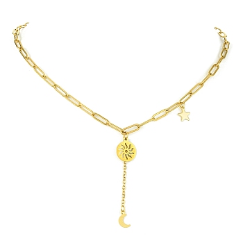 304 Stainless Steel Lariat Necklaces, Sun & Moon & Star Pendant Necklace with Paperclip Chains, Golden, 17.91 inch(45.5cm)