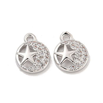 Brass Micro Pave Clear Cubic Zirconia Charms, Round with Star, Platinum, 11x8.5x2.5mm, Hole: 1.2mm