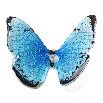 Transparent Resin Cabochons, Glitter Butterfly, Deep Sky Blue, 37x36x8mm