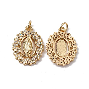 Brass Micro Pave Clear Cubic Zirconia Pendants, with Jump Ring, Cadmium Free & Nickel Free & Lead Free, Rack Plating, Oval with Virgin Pattern, Real 18K Gold Plated, 20.5x15.5x2.5mm, Hole: 3mm