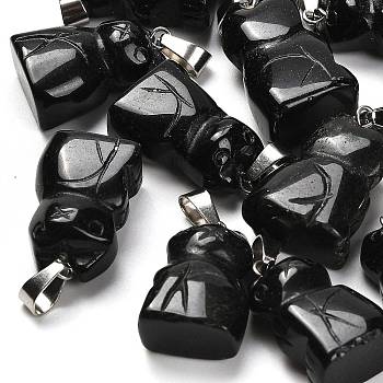 Natural Obsidian Pendants, with 201 Stainless Steel Finding, Cat, 24~25x15~16x9~10mm, Hole: 4.5x7mm