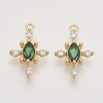 Brass Micro Pave Cubic Zirconia Charms, Real 18K Gold Plated, Flower, Nickel Free, Green, 17x11.5x2.5mm, Hole: 1.2mm