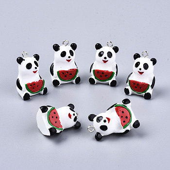 Resin Pendants, with Platinum Tone Iron Loops, 3D Panda with Watermelon, Colorful, 24~26x17.5x18mm, Hole: 2mm