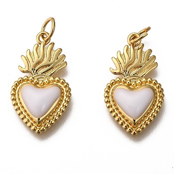 Golden Tone Brass Enamel Pendants, with Jump Rings, Long-Lasting Plated, Heart, White, 22x12x3mm, Hole: 3.5mm