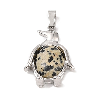 Natural Dalmatian Jasper Pendants, with Alloy and Iron Findings, Penguin, Platinum, 34x23.5x7mm, Hole: 8x4mm