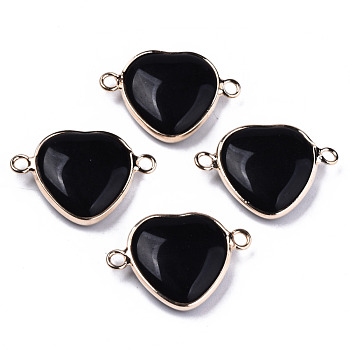 Synthetic Black Stone Links Connectors, with Light Gold Plated Brass Edge and Iron Loop, Heart, 19~20x27~28x6mm, Hole: 2mm
