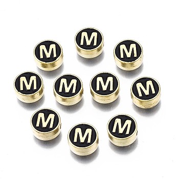 Alloy Enamel Beads, Cadmium Free & Lead Free, Light Gold, Flat Round with Alphabet, Black, Letter.M, 8x4mm, Hole: 1.5mm