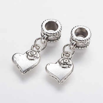15Pcs Tibetan Style Alloy European Dangle Charms, Large Hole Pendants, Heart with Flower, Antique Silver, 26mm, Hole: 5mm, Pendant: 14x10.5x2.5mm
