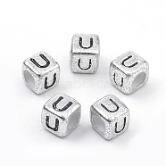 Plated Acrylic Beads, Horizontal Hole, Cube with Letter, Antique Silver, Letter.U, 6mm, Hole: 3mm(X1-PB43C9308-U)