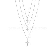 SHEGRACE Rhodium Plated 925 Sterling Silver Tri-Tiered Necklaces, with AAA Cubic Zirconia, with S925 Stamp, Cross, Platinum, 18.11 inch(46cm)(JN743A)