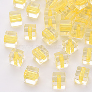 Transparent Acrylic Beads, Cube, Gold, 8x7.5x7.5mm, Hole: 1.8mm, about 900pcs/500g(TACR-S154-12A-81)