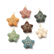 Natural Lava Rock Pendants, with Real 18K Gold Plated Eco-Friendly Copper Wire, Star, 30.5~32.5x26~27x9~11mm, Hole: 4mm(PALLOY-JF01052)