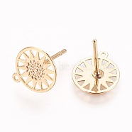 Brass Stud Earring Findings, with Loop, Flat Round with Flower, Real 18K Gold Plated, 11.5x10x0.4mm, Hole: 0.8mm, Pin: 0.8mm(KK-O115-05G)