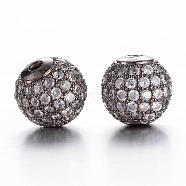Round Brass Micro Pave Cubic Zirconia Beads, Clear, Gunmetal, 10mm, Hole: 2mm(ZIRC-N016-01B-10mm)
