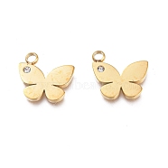 Ion Plating(IP) 304 Stainless Steel Charms, Manual Polishing, with Crystal Rhinestone, Butterfly, Golden, 13.5x12x1.5mm, Hole: 1.2mm(X-STAS-L245-007G)