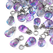 Transparent Glass Pendants, with Platinum Plated Iron Jump Ring, Teardrop, Colorful, 23x9.5x8mm, Hole: 4mm(GLAA-Q026-09)