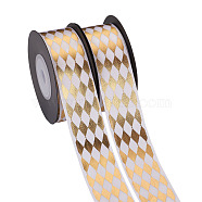 Polyester Satin Ribbon, with Single Face Golden Hot Stamping, Rhombus Pattern, White, 1"(25mm), 10yards/roll(9.14m/roll)(OCOR-TAC0001-11B)