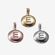 Brass Pendants, with Cubic Zirconia, Cadmium Free & Lead Free, Flat Round with Letter, Mixed Color, Letter.E, 22mm, Hole: 2x3mm, Pendant: 15x3mm(KK-K194-E-RS)