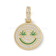 Brass Micro Pave Cubic Zirconia Pendants, Enamel Style, Cadmium Free & Lead Free, Flat Round with Smiling Face, Golden, Medium Sea Green, 21x18x2mm, Hole: 7x4mm(ZIRC-NH0001-01G-03)