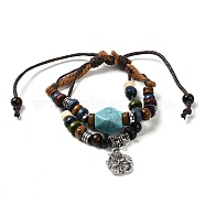 Synthetic Turquoise Polygon & Natural Wooden Beaded Double Layer Multi-strand Bracelet, Braided Adjustable Bracelet with Alloy Flower Charms, Antique Silver, Inner Diameter: 2-1/8~3-3/8 inch(5.4~8.5cm)(BJEW-P301-01AS)