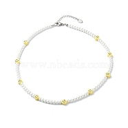 Glass Pearl Round Beads Beaded Necklaces for Kid, with Polymer Clay Smiling Face Beads, White, 16.14 inch(41cm)(NJEW-JN03605)