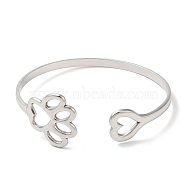 Hollow Dog Paw Print & Heart 304 Stainless Steel Cuff Bangles for Women, Stainless Steel Color, Inner Diameter: 2-1/4 inch(5.8cm)(BJEW-L682-015P)