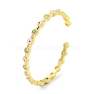 Brass Pave Clear Cubic Zirconia Open Cuff Bangles, Evil Eye Enamel Bangles for Women, Real 18K Gold Plated, Pink, Inner Diameter: 2 x 2-3/8 inch(4.95x6.1cm), 4.8mm(BJEW-Z062-04B)