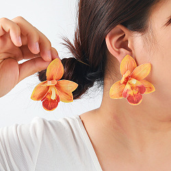 Orchid Flower Alloy Resin Stud Earrings, Gold, 67x55mm(FS-WG90790-02)