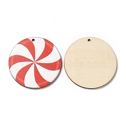 Single Face Christmas Printed Wood Pendants, Flat Round Charms, Red, 45x2.5mm, Hole: 2mm(WOOD-D025-23)