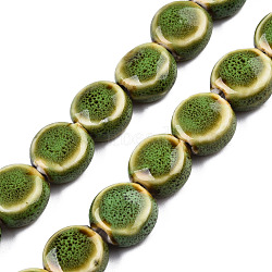 Handmade Porcelain Ceramic Beads Strands, Famille Rose Style, Flat Round, Olive Drab, 12x7mm, Hole: 2mm, about 28~29pcs/strand, 12.28~12.72 inch(31.2~32.3cm)(PORC-Q265-008C)