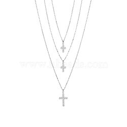 SHEGRACE Rhodium Plated 925 Sterling Silver Tri-Tiered Necklaces, with AAA Cubic Zirconia, with S925 Stamp, Cross, Platinum, 18.11 inch(46cm)(JN743A)