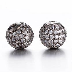 Round Brass Micro Pave Cubic Zirconia Beads, Clear, Gunmetal, 10mm, Hole: 2mm(ZIRC-N016-01B-10mm)