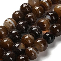 Dyed Natural Banded Agate Beads Strands, Round, Coconut Brown, 14mm, Hole: 1mm, about 27pcs/strand, 14.88~15.35''(37.8~39cm)(G-G175-A08-01)