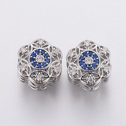 Brass Micro Pave Cubic Zirconia European Beads, Large Hole Beads, Flower, Clear & Blue, Platinum, 11x10x8.5mm, Hole: 4mm(X-OPDL-P001-24)