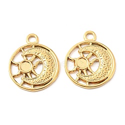 Vacuum Plating 304 Stainless Steel Pendant Cabochon Settings, Flat Round with Moon & Sun, Golden, Tray: 3.8mm, 24.5x20x2mm, Hole: 2.7mm(STAS-F287-60G)