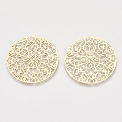 Brass Filigree Joiners Links, Etched Metal Embellishments, Flat Round, Light Gold, 30x0.3mm, Hole: 1.6mm(KKC-T001-11KC)