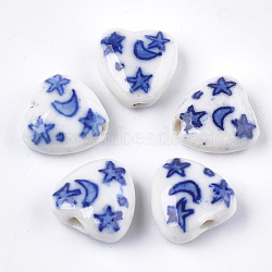 Handmade Porcelain Beads, Blue and White Porcelain, Heart with Moon and Star, Blue, 15x15x8mm, Hole: 1.6mm(X-PORC-S498-58)